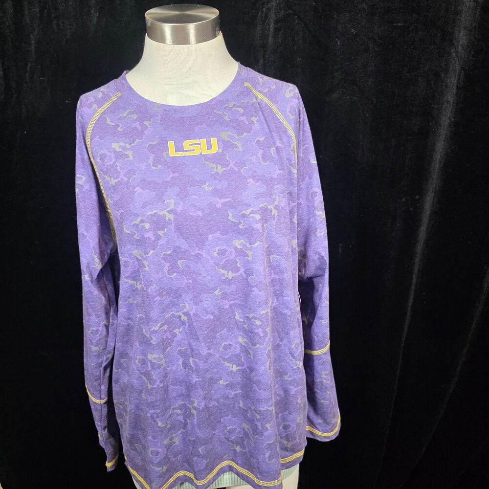 LSU TIGERS Womens Light Grey Henley Purple Raglan Sleeves Large Graphic Sz L